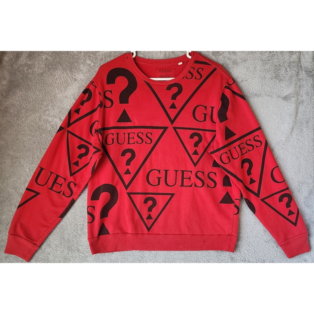 Guess Sweatshirt Mens Large Red All Over Triangle Logo Print Crewneck Pullover